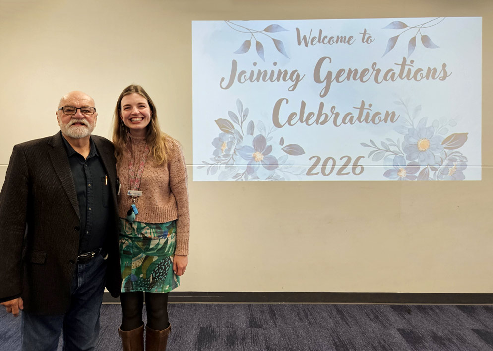 Local Magill resident and retired principal Brian Harris and Charles Campbell College Pastoral Care Worker Katie Rogers.