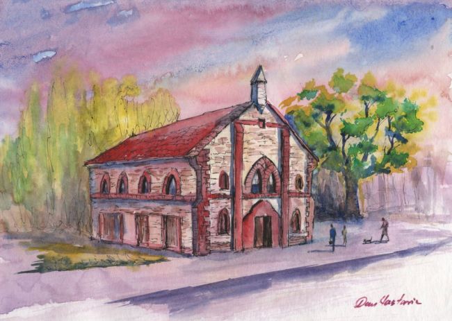 A painting by artist Dan Nastasie of Campbelltown Uniting Church Hall.