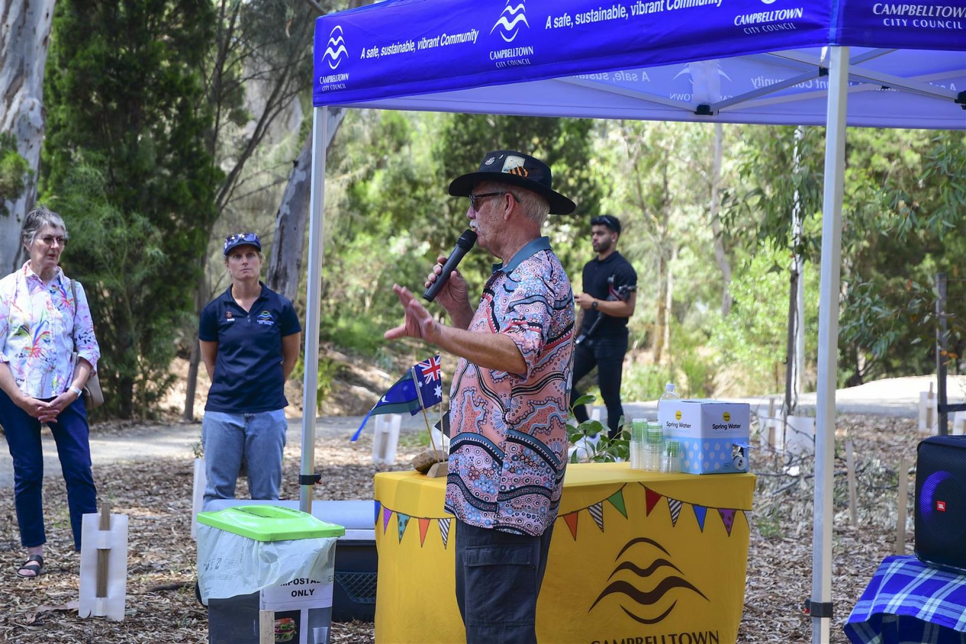 Kaurna and Peramangk Elder Uncle Ivan-Tiwu Copley performing a Welcome to Country at the Fourth Creek Morialta Parri Trail Project Launch
