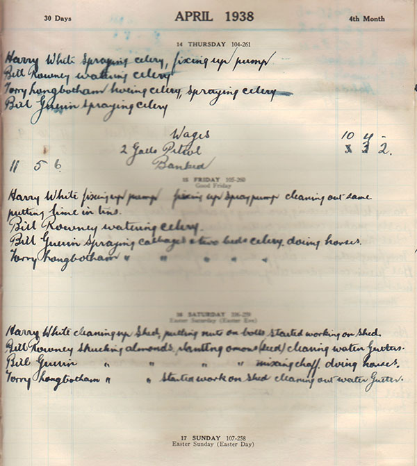 Emery family “Woods’ Australian Diary 1938” entries for week beginning 14 April 1938