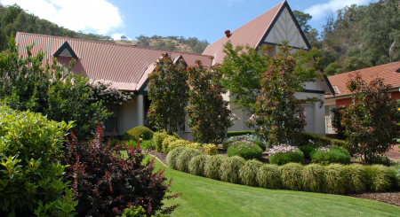 The front yard of a home with a beautiful green garden.