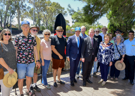 A group of people smiling at the launch of the Fourth Creek Morialta Parri Trail Project Launch