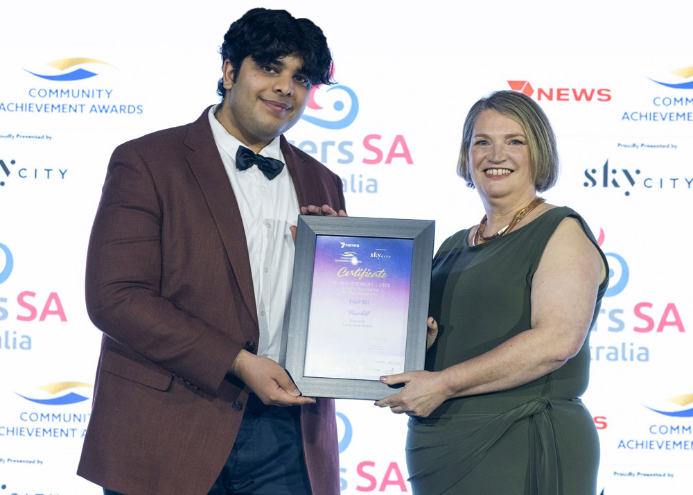 Elaaf Gill being recognised as a finalist for the Carers SA Young Carer Award.