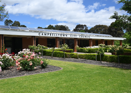 Image of the Campbelltown City Council offices and rose garden.