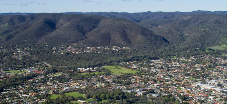 Aerial photo of the City of Campbelltown with the hills in the distance.
