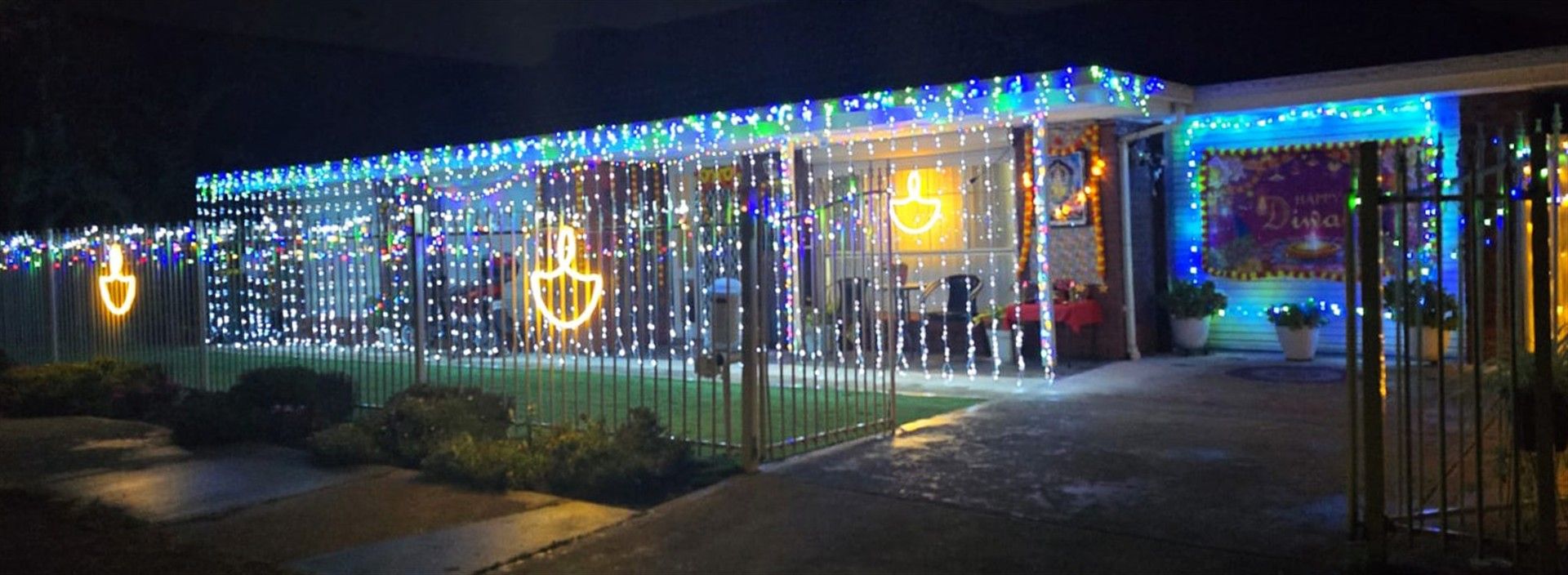A home decorated with Diwali lights