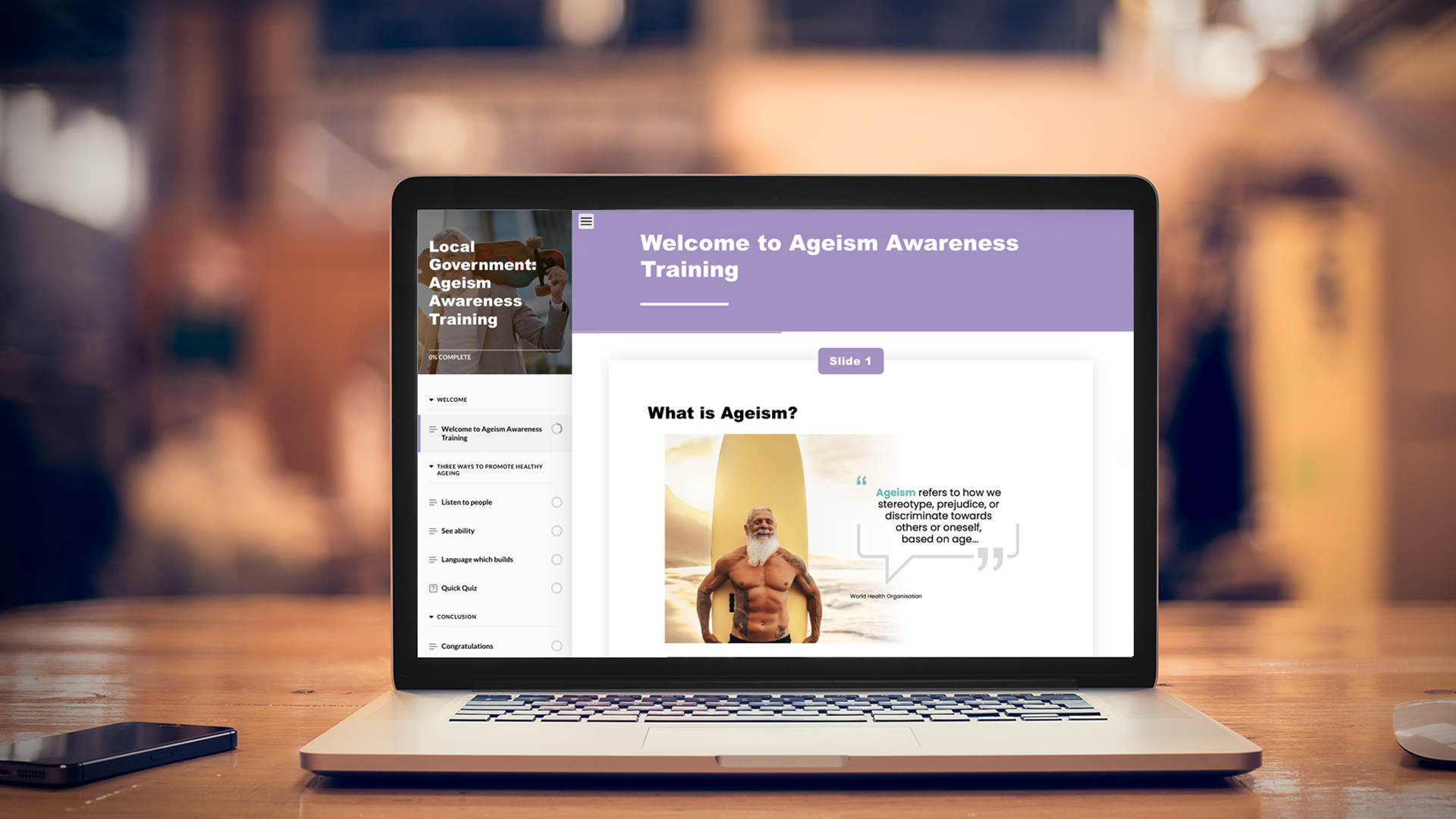 A screen shot of the Ageism Awareness Training module on a laptop