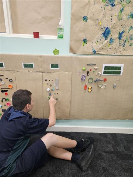 Jayden's wall of items he has collected and sorted for a school project.