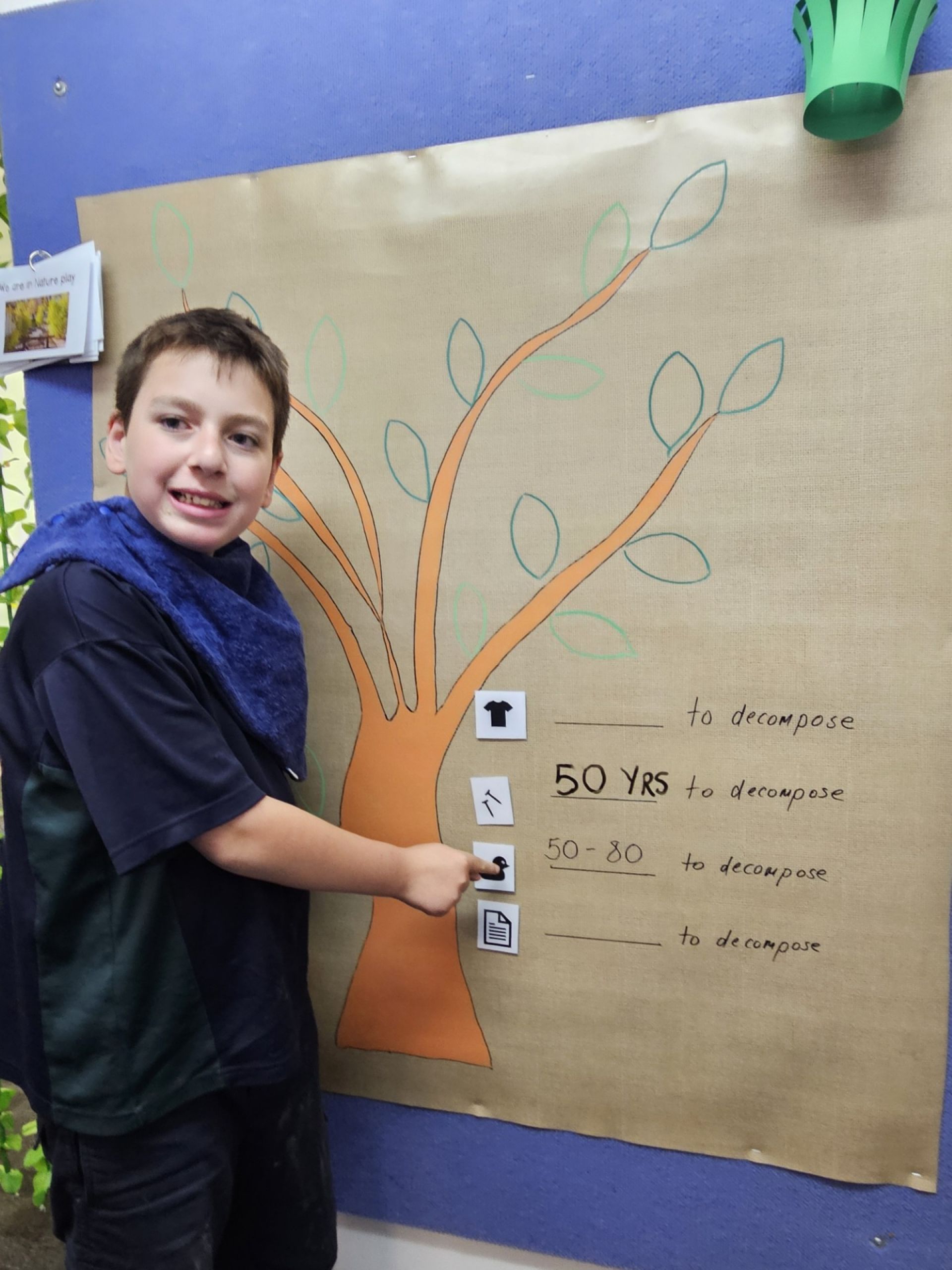 Jayden pointing to a project indicating how long different materials take to decompose.